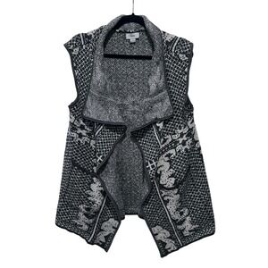 Yaira Black White Geometric Wool Open Front Knit Vest Shawl Collar Large